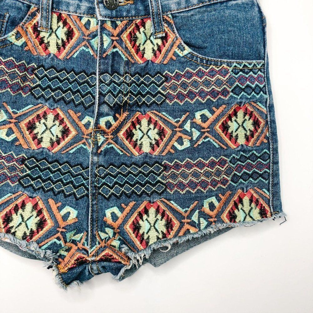 High Waisted Aztec Tribal Embroidered Jean Shorts - Picture 4 of 6